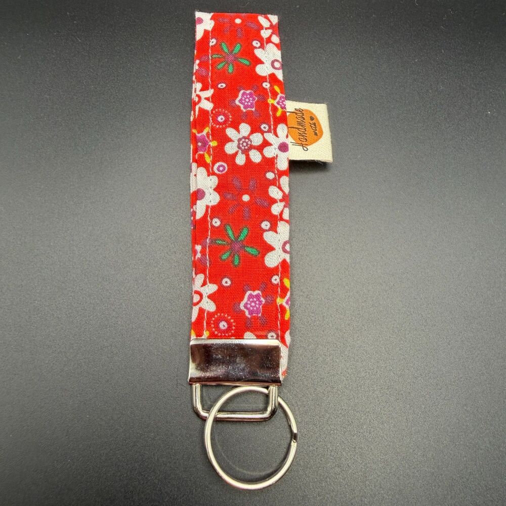 Handmade Red Floral Fabric Wristlet Keychain | Cotton Key Fob Strap Holder